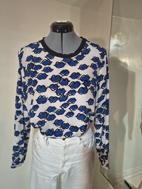 Margittes White Long-Sleeve Top with Blue Print and Black Trim 100% Silk